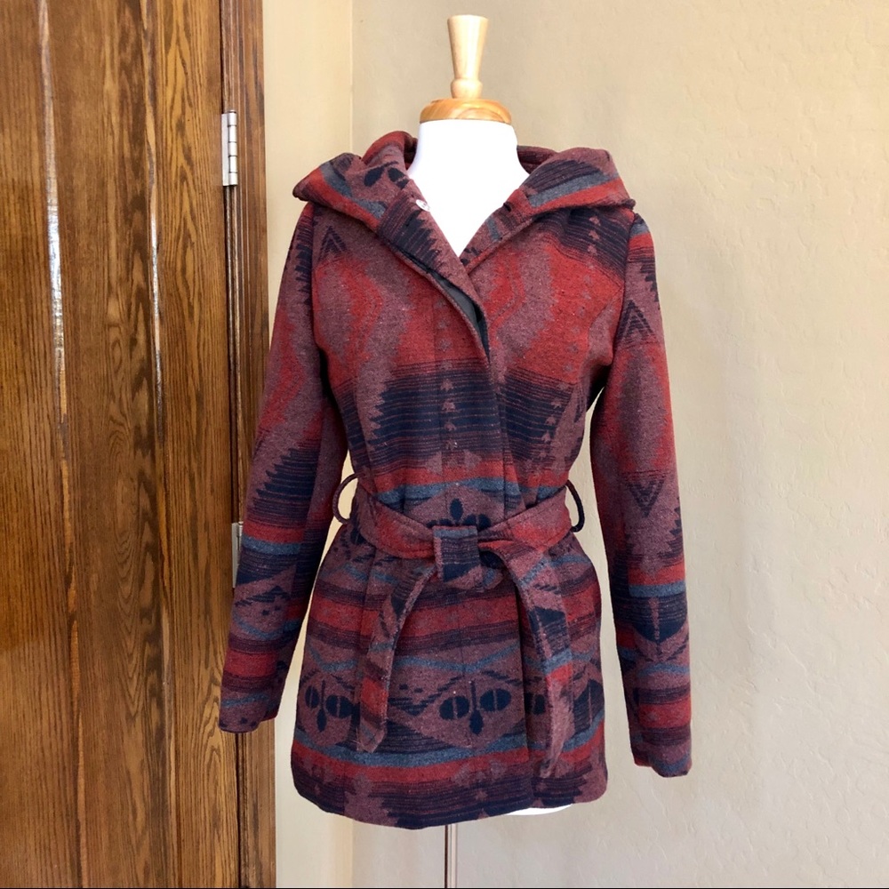Southwest Print Hooded Belted Wool-Blend Coat